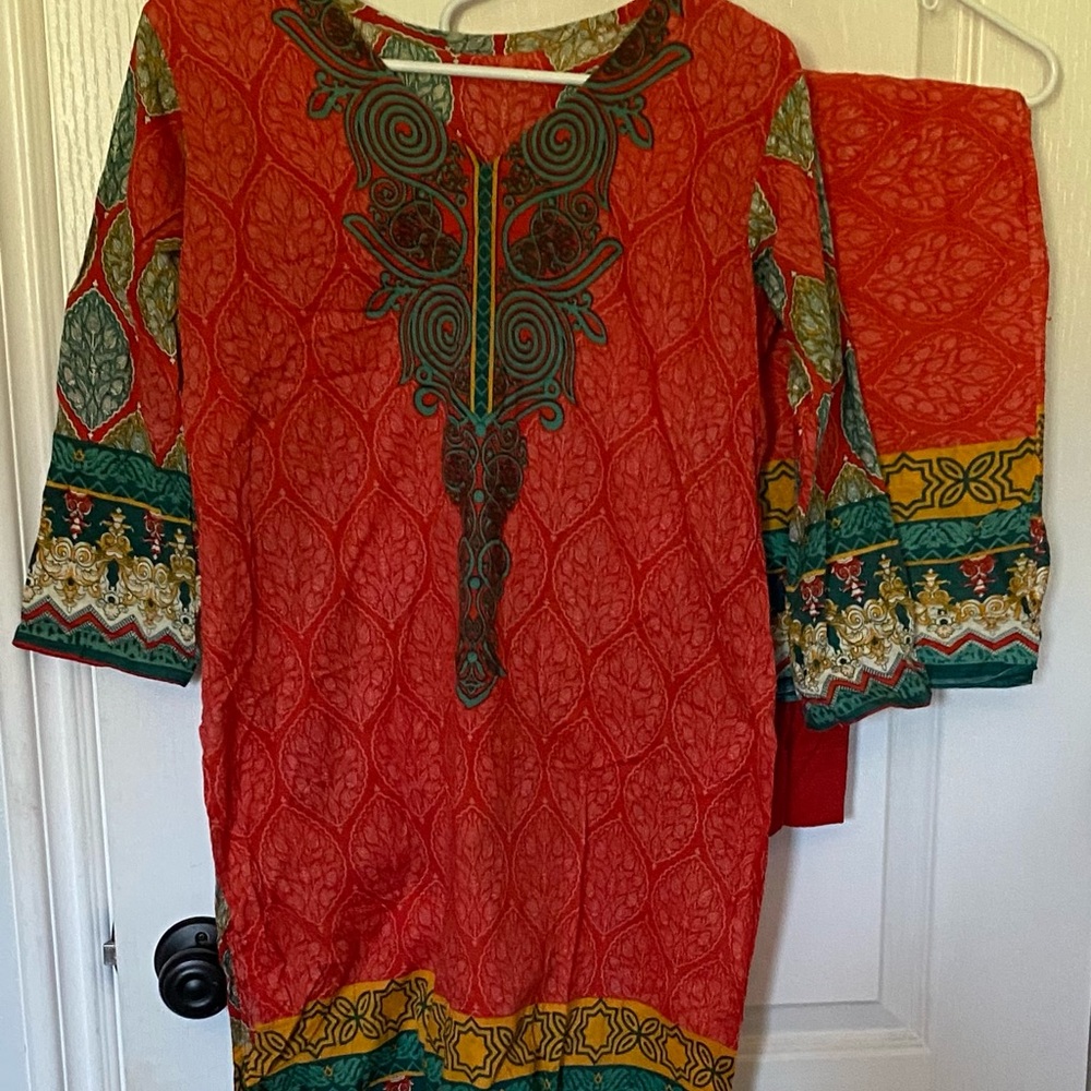 Desi Orange and Green Lawn Patterned Dress